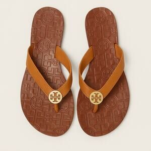 Tory Burch Tan Leather Logo Flip Flops Sandals Brown Gold Emblem Size 7 Casual